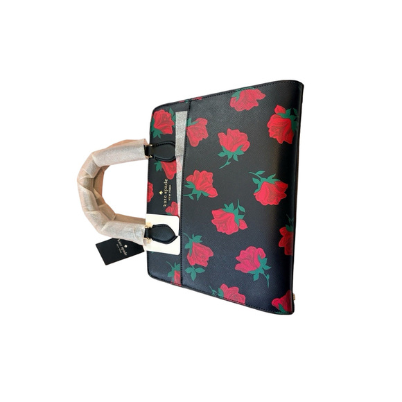 Kate Spade Madison Rose Toss Printed Medium Satchel Black Red Rose Floral KE536 - Picture 5 of 8